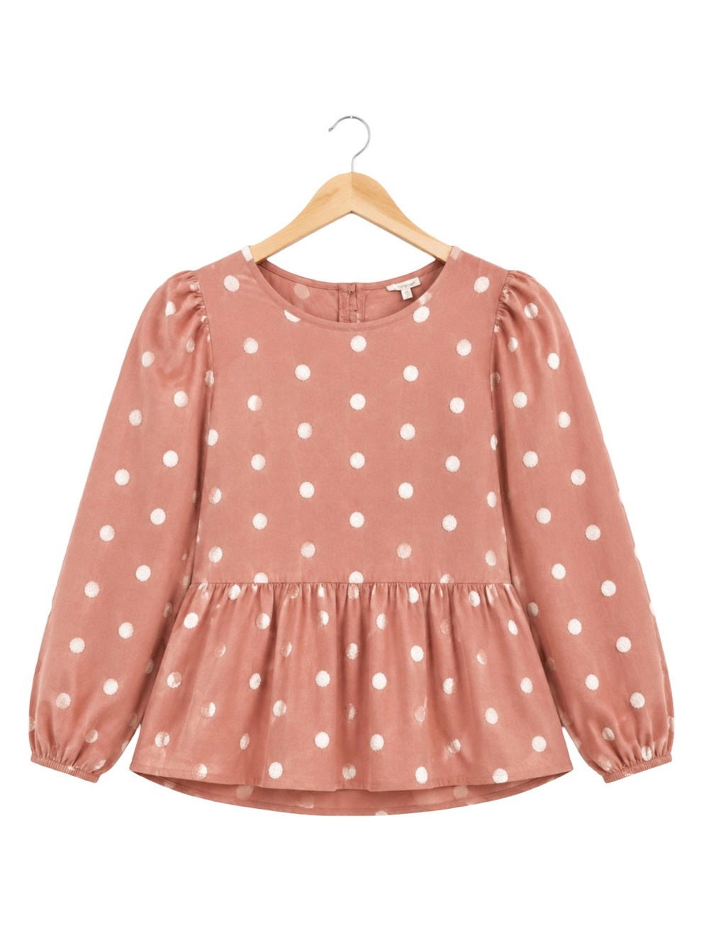 Blu Pepper salmon polkadot Peplum Blouse S Long Sleeve Button Back Babydoll top